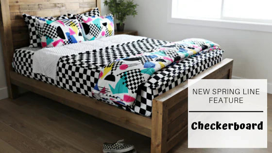 
      An infographic with a queen checkerboard zipper bedding and it detailing that it’s a new spring line feature.
    