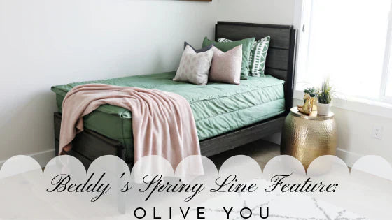
      An infographic stating Beddy's Spring Line Feature: Olive You with the zipper bedding showcased.
    