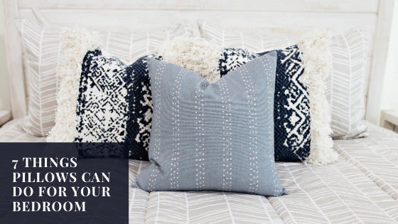 
      An assortment of throw pillows on a bed with text box. 
    