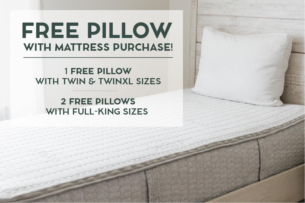 A graphic showing a free pillow included with a mattress purchase . 