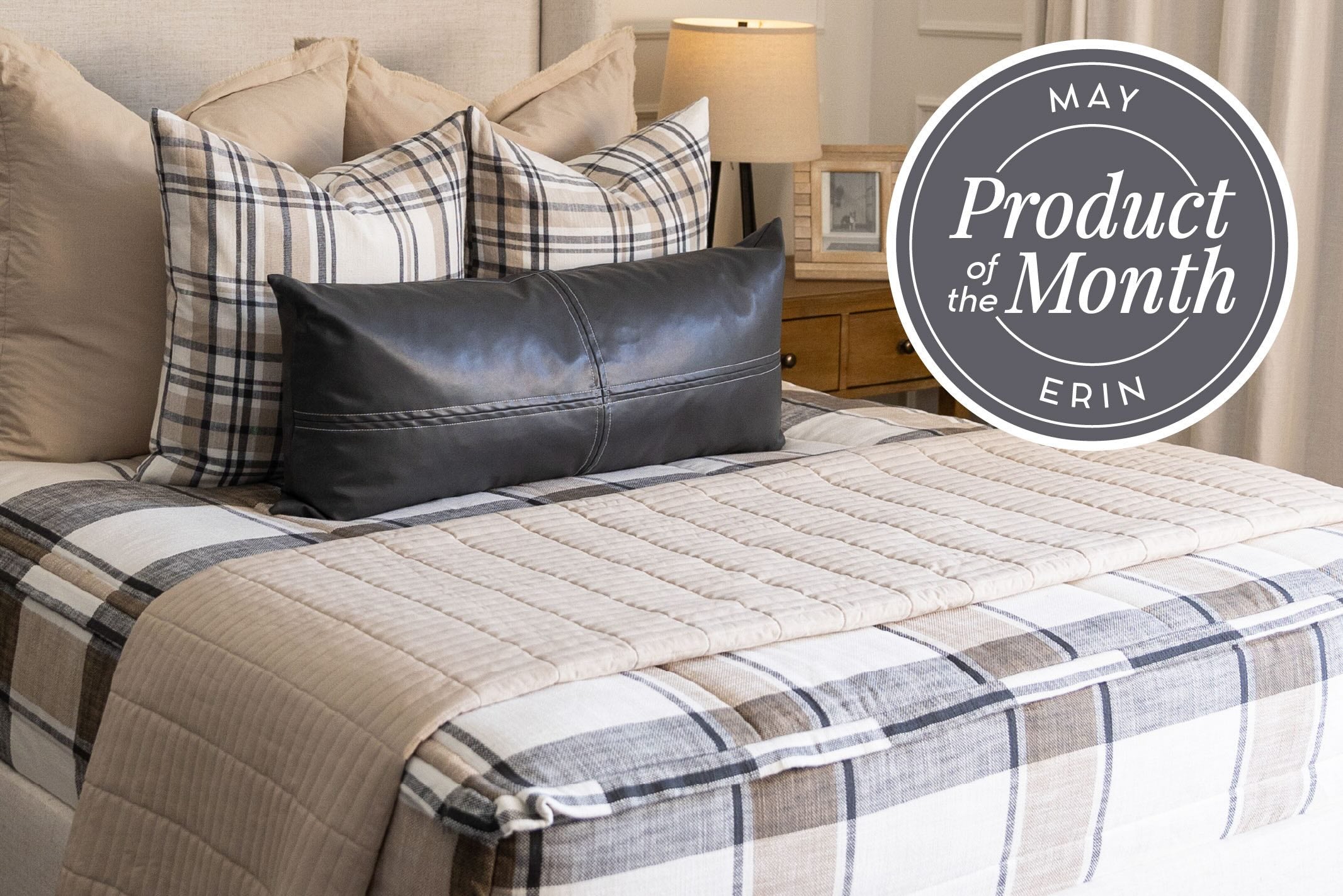 n infographic detailing the product of the month for May is Erin Luxe with the zipper bedding showcased.