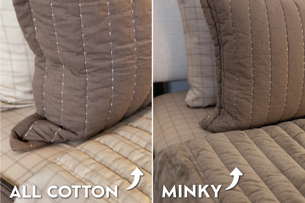 An infogrpahic detailing the different lining options on Beddy's zipper bedding, minky or cotton