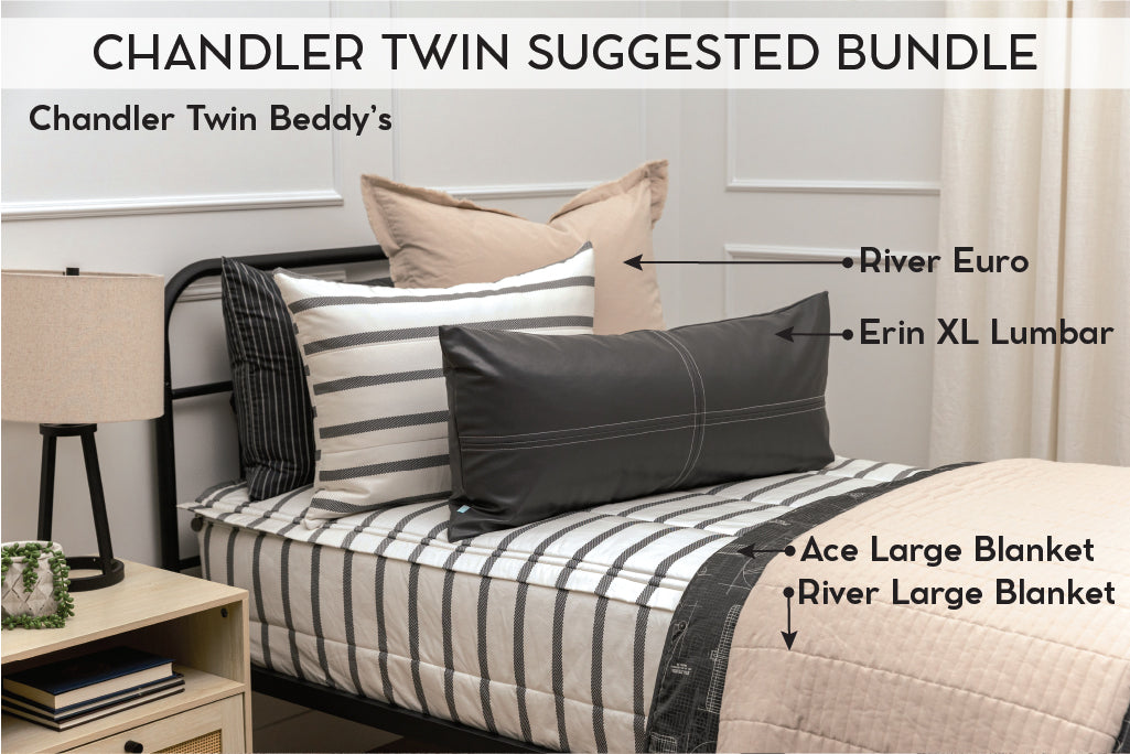 An infographic explaining what comes in a suggested twin zipper bedding bundle purchase, including your all in one bedding set, decorative pillows, and blankets.