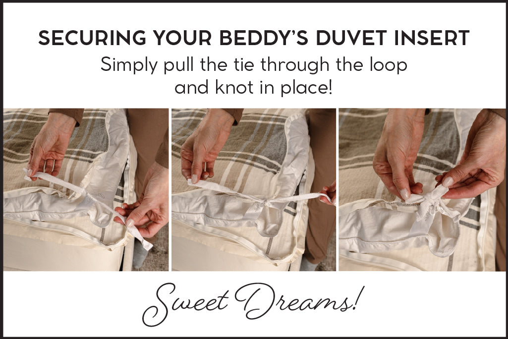 Three photos showing woman tying duvet cover to duvet insert corners.