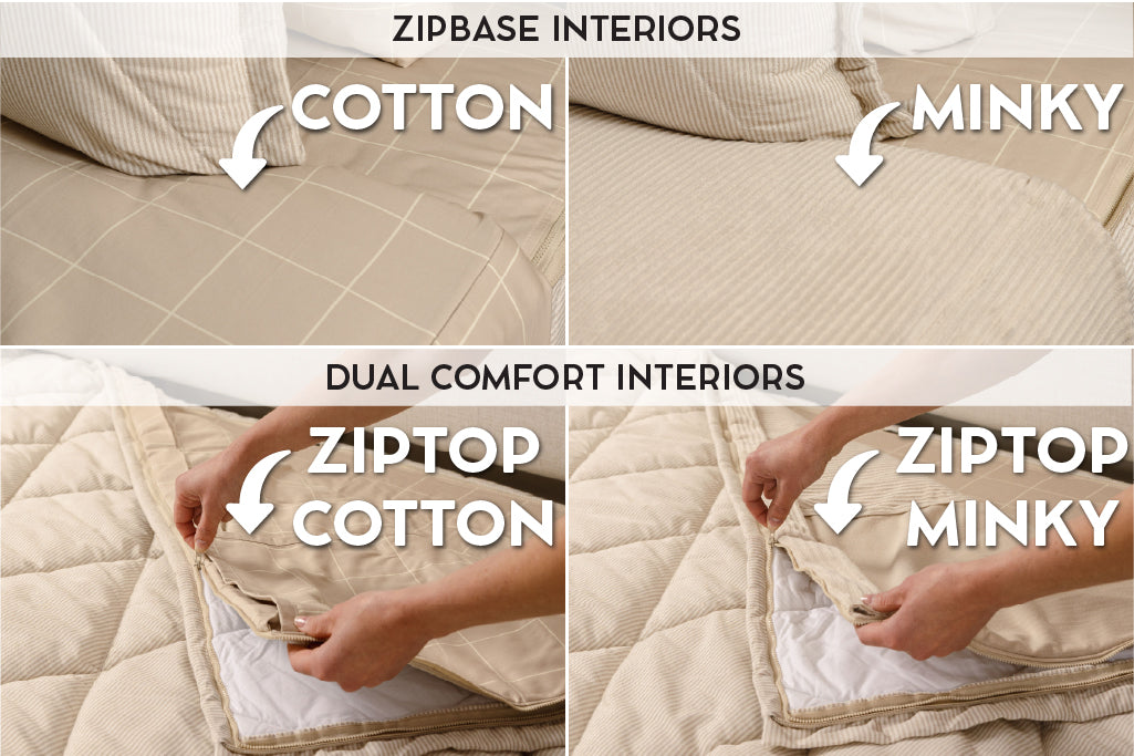 Graphic showing options for cotton lining or minky lining in your zipper bedding set.