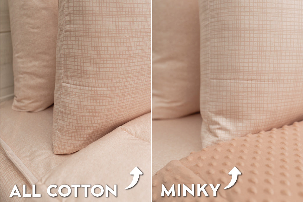 An infographic showing the options for cotton lining or minky lining in your zipper bedding set.
