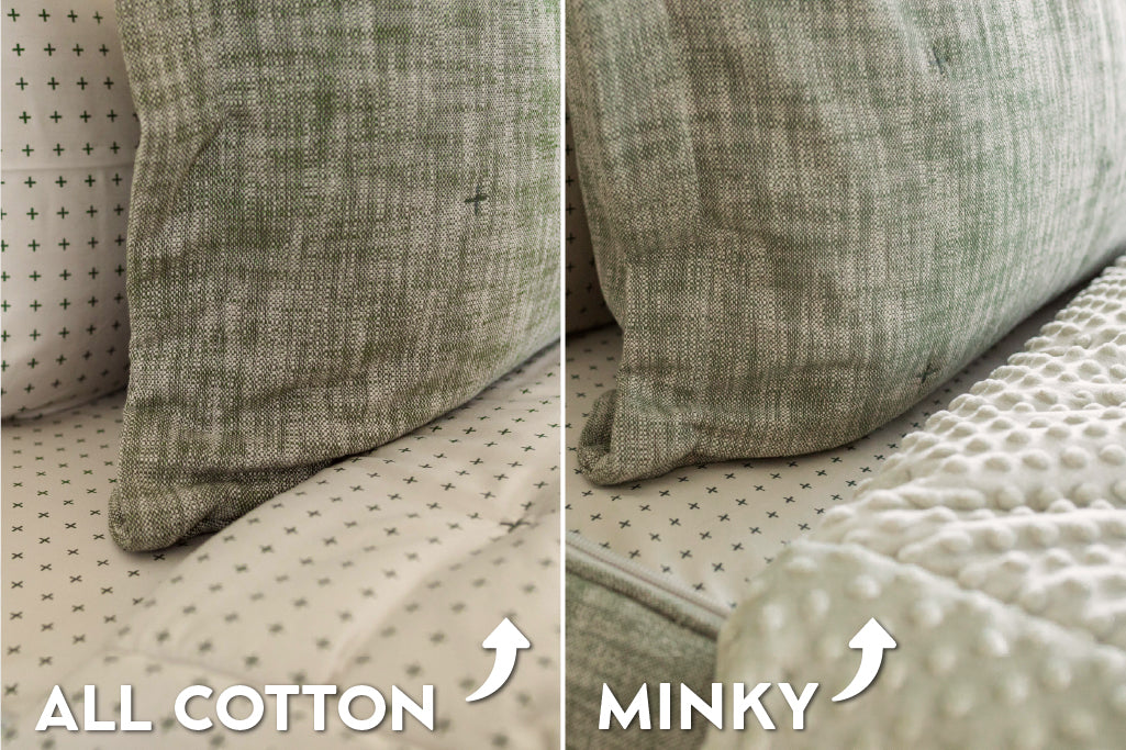 An infographic showing the options for cotton lining or minky lining in your zipper bedding set.