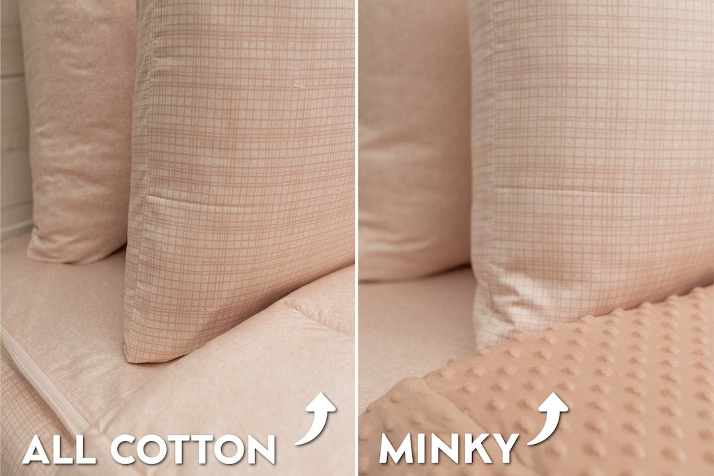 Soft peach sketched bedding with minky and cotton interiors.