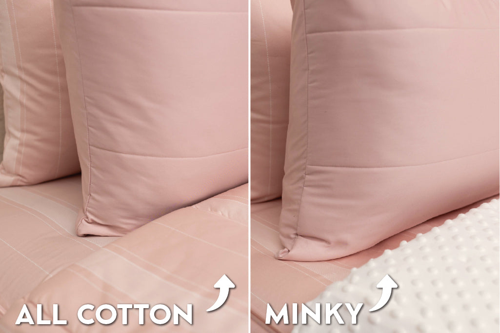 An infographic showing the options for cotton lining or minky lining in your zipper bedding set.