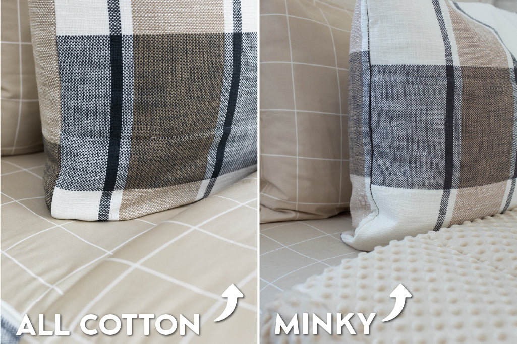 An infographic showing the options for cotton lining or minky lining in your zipper bedding set.