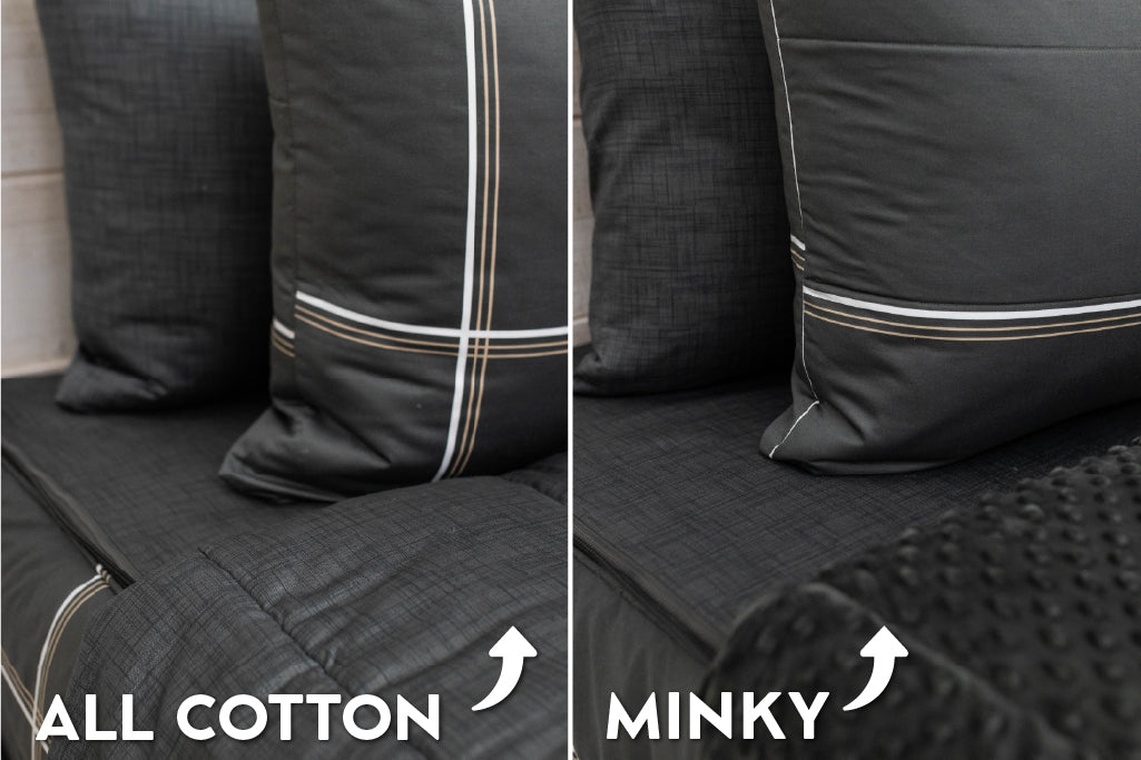 Graphic showing options for cotton lining or minky lining in your zipper bedding set.