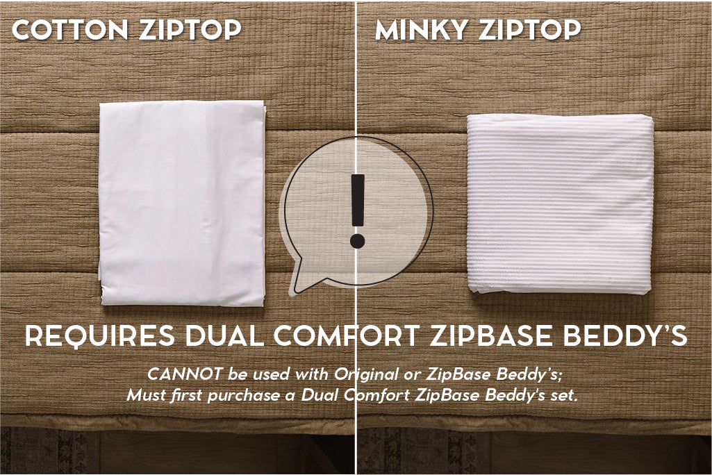 White minky and cotton replacement ZipTop pieces folded on brown bedding.