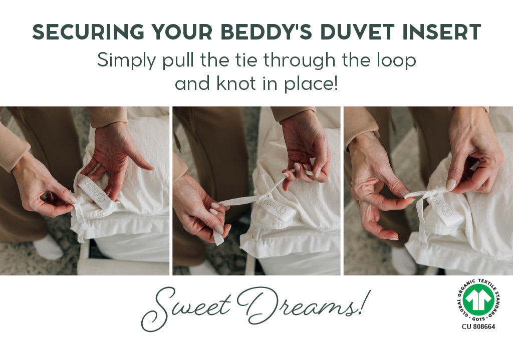 three photos showing woman tying duvet cover to duvet insert corners