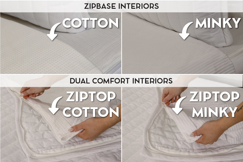 Graphic showing options for cotton lining or minky lining in your zipper bedding set.