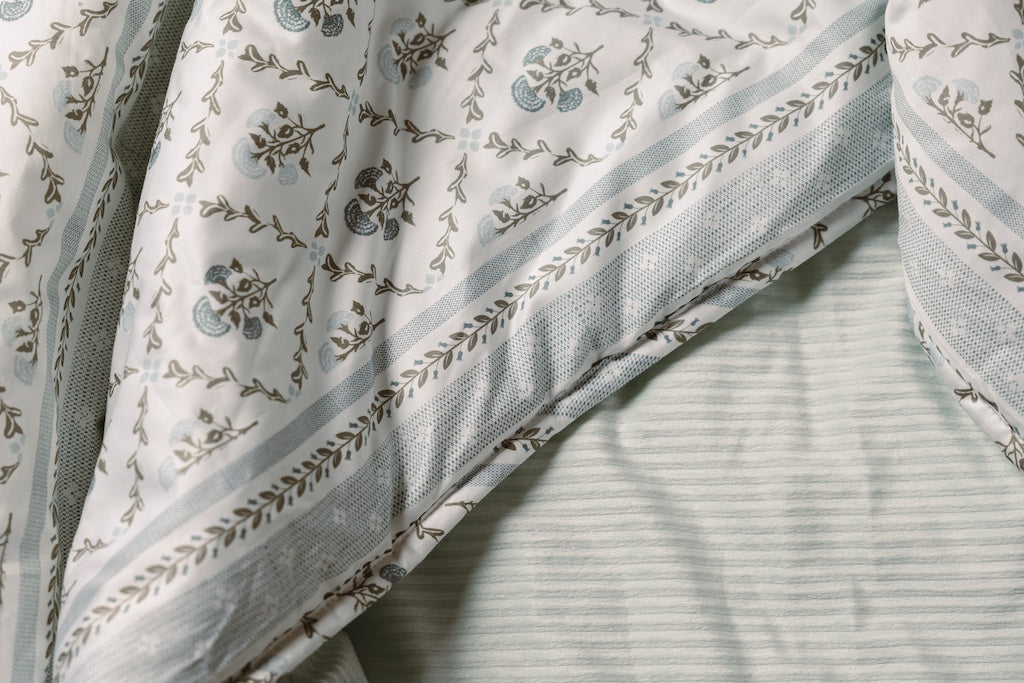 Photo that shows both light blue corduroy minky and blue and white floral blanket.