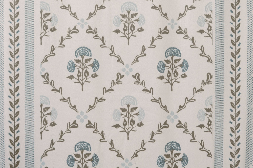 A photo showing the blue floral exterior of a blanket.