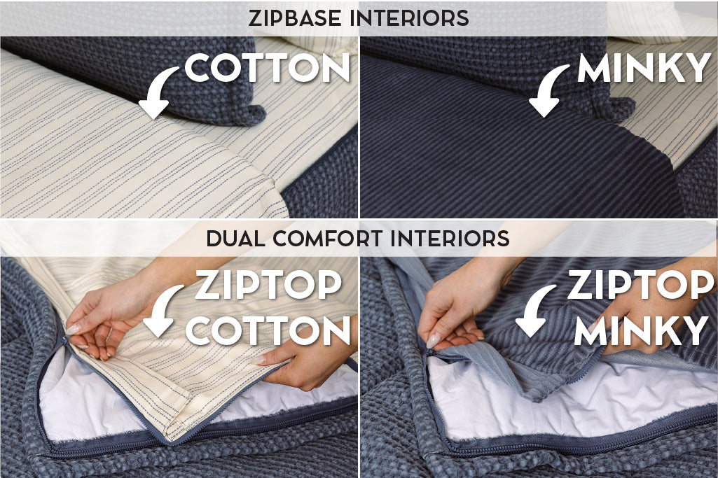 Graphic showing options for cotton lining or minky lining in your zipper bedding set.
