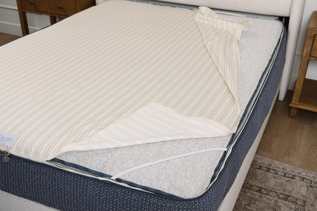 A photo showing the zipbase sheet function of your zipper bedding.