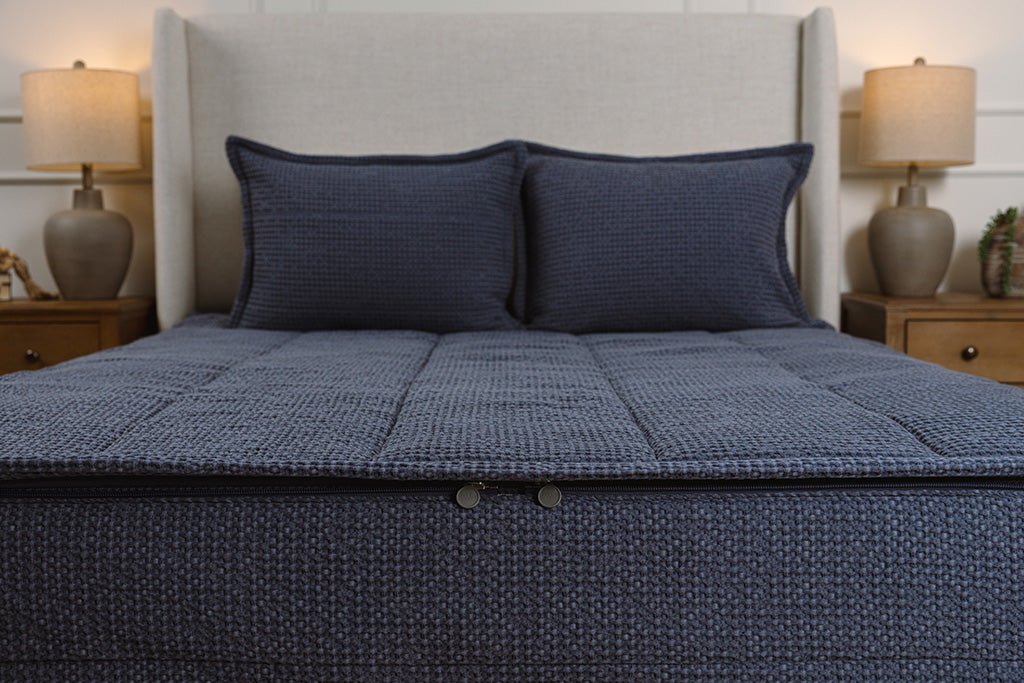 End of bed showing double zippers on blue waffle texture zipper bedding.