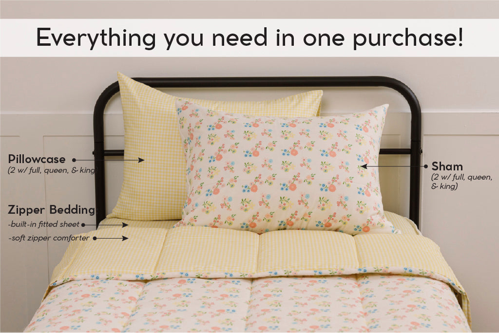 A graphic showing what is included in your children zipper bedding purchase.
