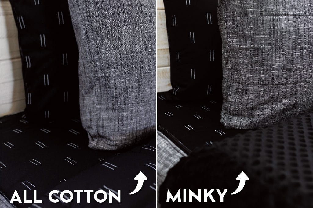 An infographic showing the options for cotton lining or minky lining in your zipper bedding set.