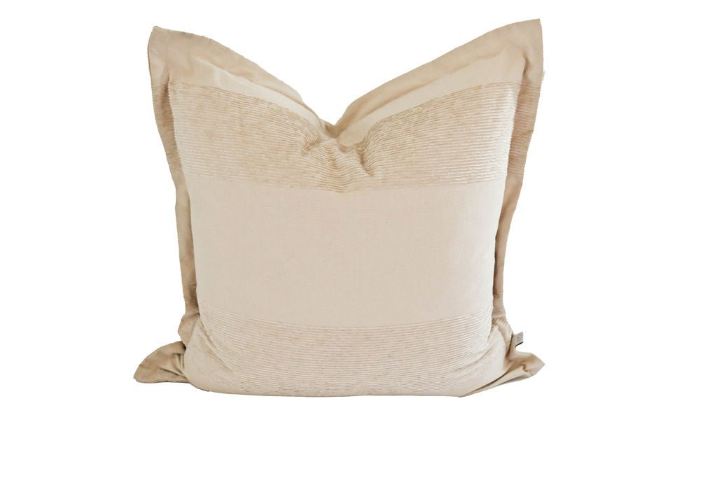A tan faded striped large pillow on a white background.
