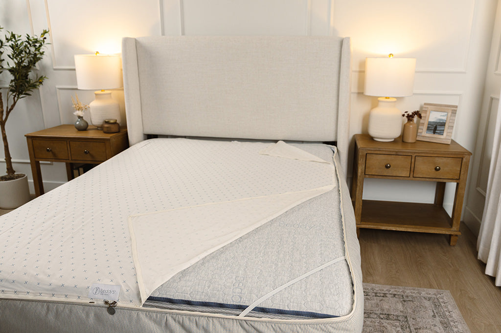 A photo showing the zipbase sheet function of your zipper bedding.