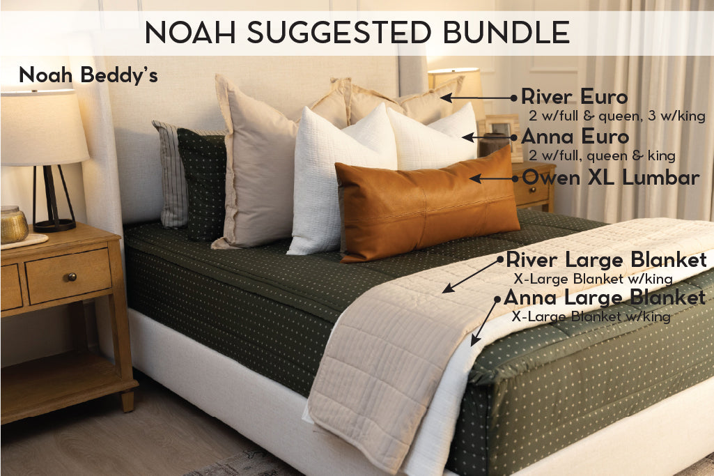 Graphic showing Noah suggested bundle includes Noah Zipper Bedding, River Euro, Anna Euro, Owen XL Lumbar, River Blanket, and Anna Large Blanket