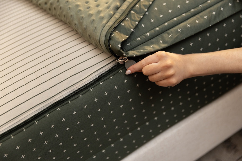 Zipper detail shot showing interior and exterior of green zipper bedding