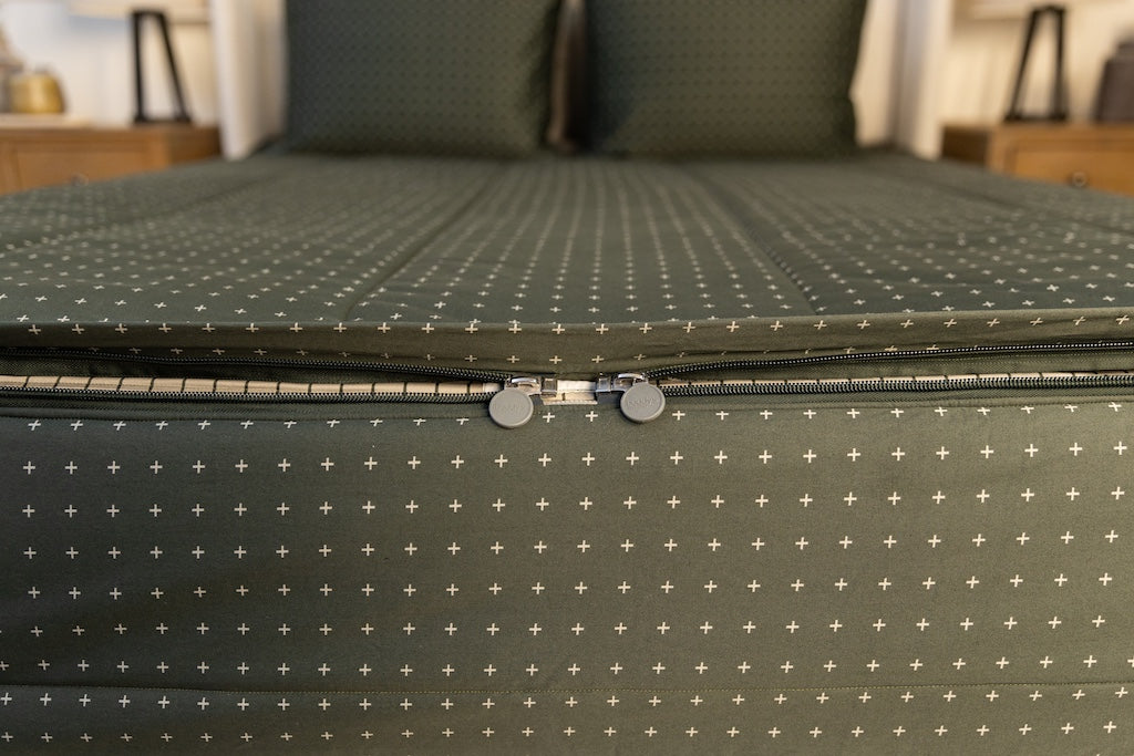 Bottom zipper shot showing both zippers meeting at bottom on green zipper bedding