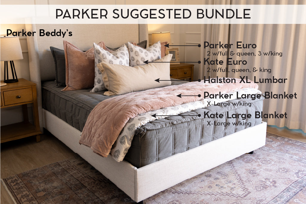 An infographic explaining the suggested bundle items to accompany a gray zipper bedding set