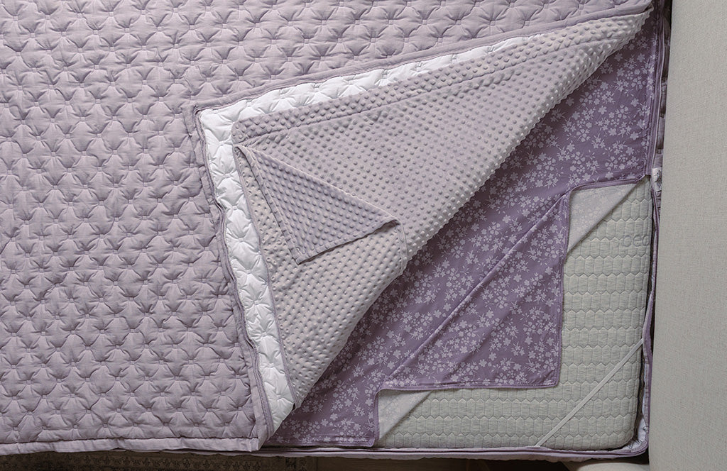 Overhead shot of purple puffed texture zipper bedding layers.