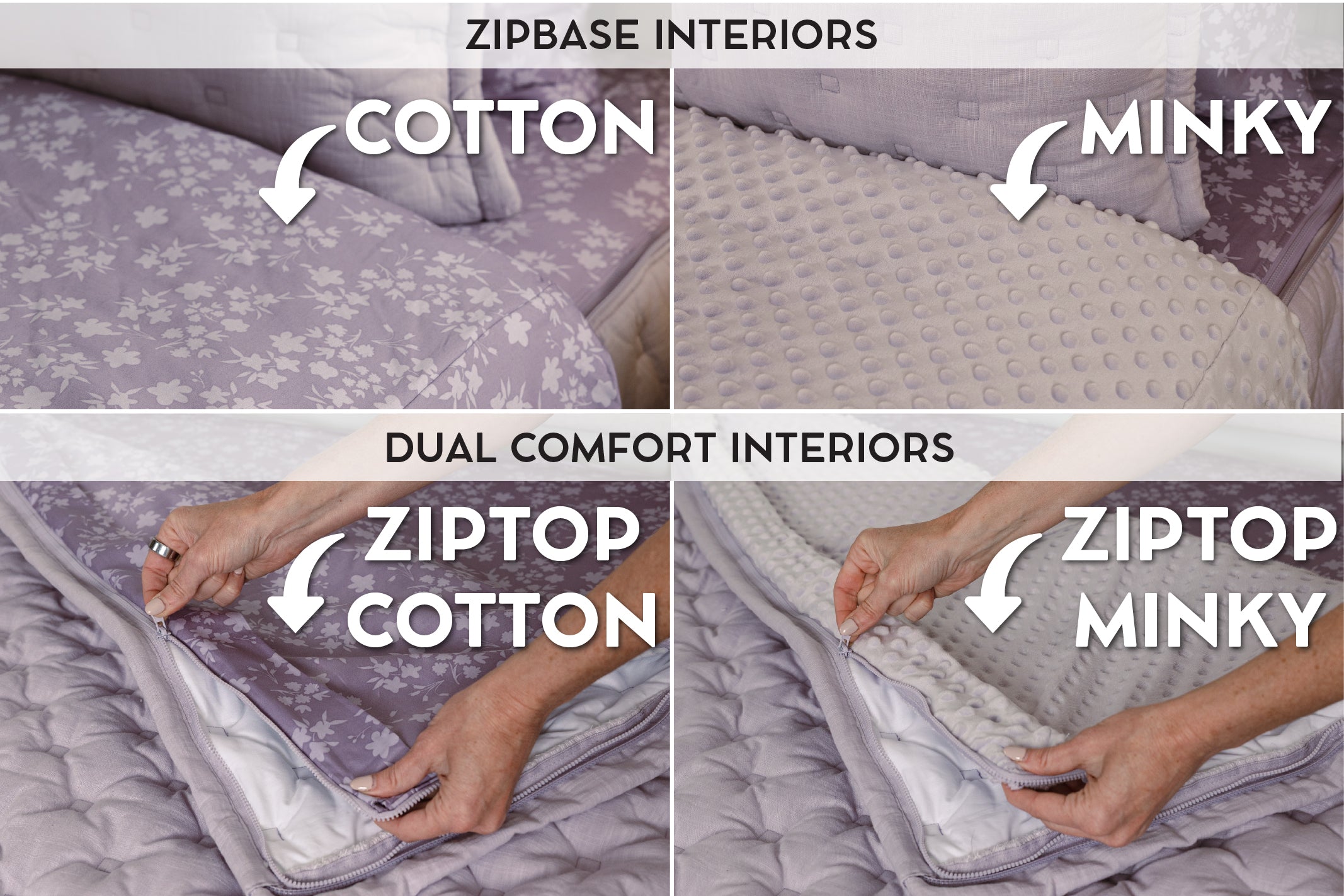 Graphic showing options for cotton lining or minky lining in your zipper bedding set.