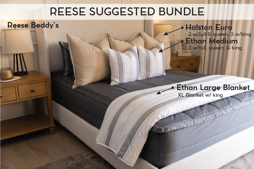 An infographic explaining what comes in a suggested zipper bedding bundle purchase, including your all in one bedding set, decorative pillows, and blanket.
