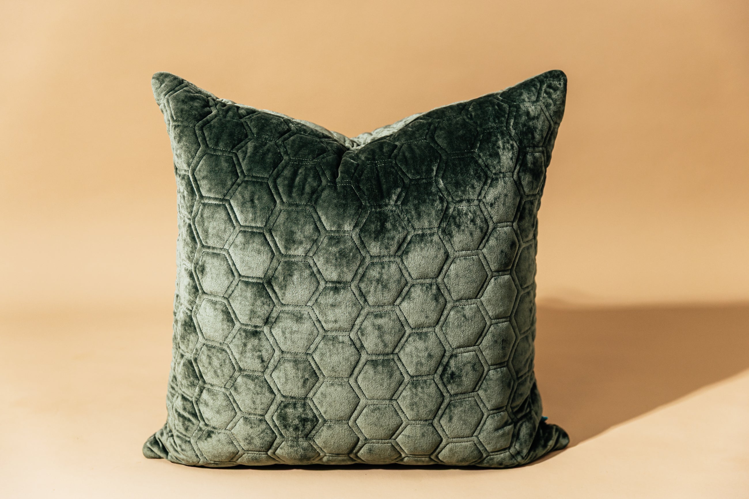 A green honeycomb pattern velvet euro pillow arranged on a brown background.