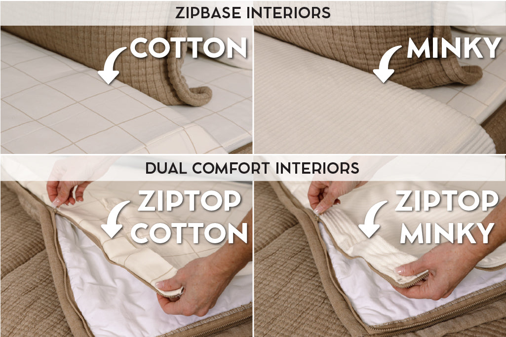 Graphic showing options for cotton lining or minky lining in your zipper bedding set.