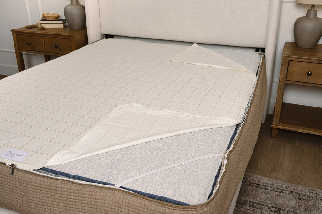 A photo showing the zipbase sheet function of your zipper bedding.
