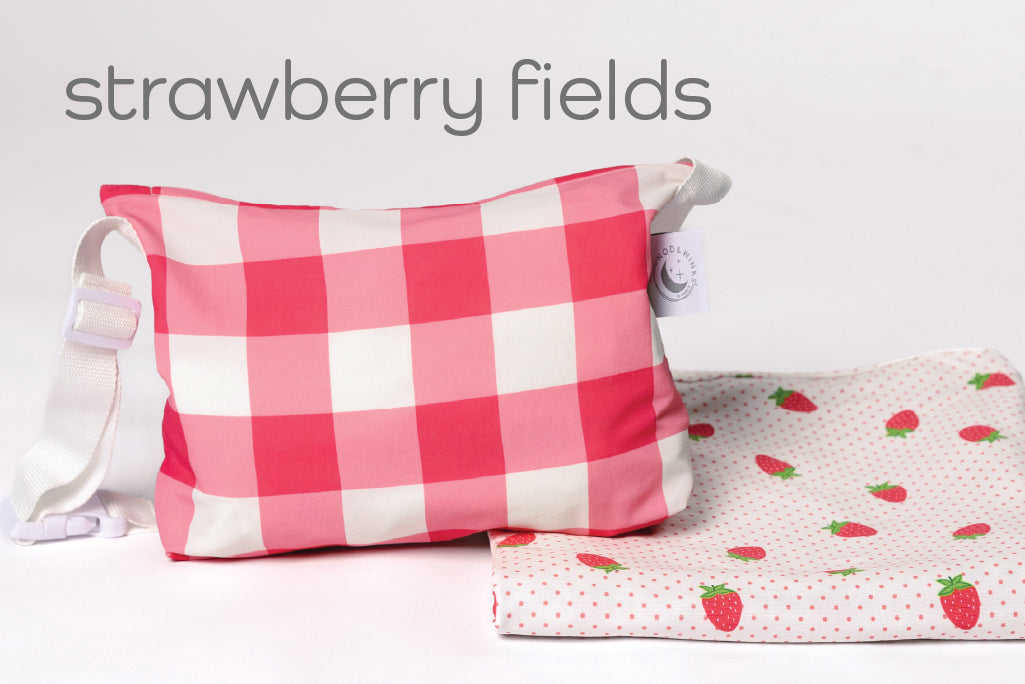 A child's strawberry print blanket and coordinating pink gingham zipper pouch.