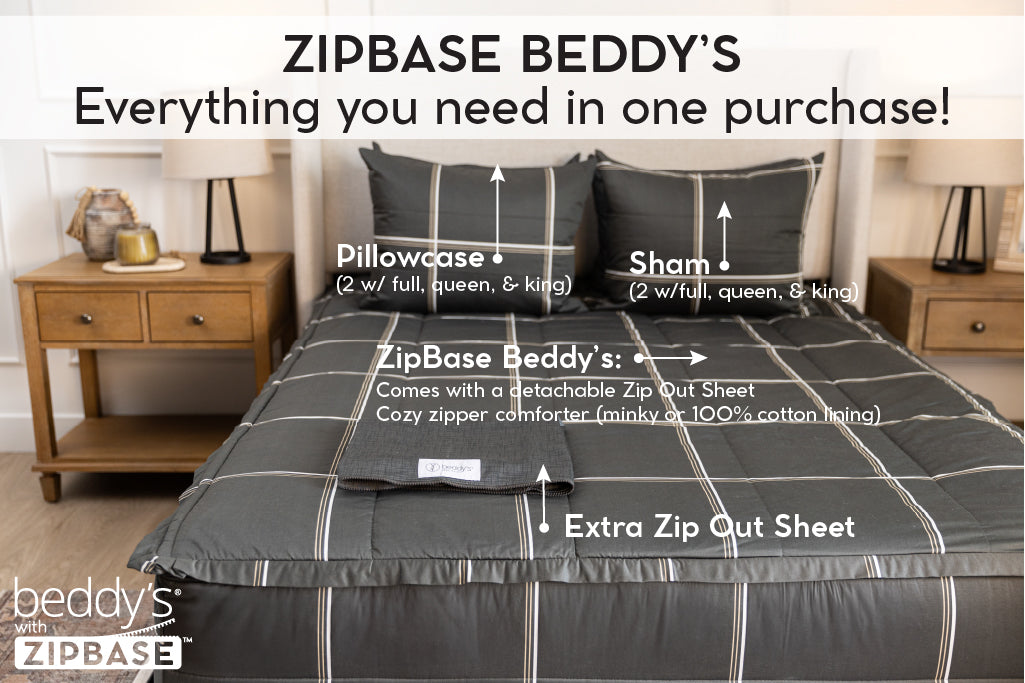 Charcoal with white and brown grid pattern bedding with zip out sheet.