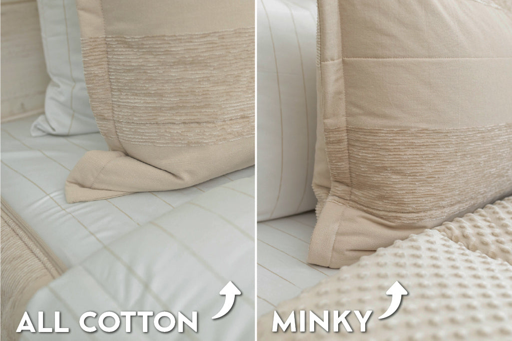 An infographic showing the options for cotton lining or minky lining in your zipper bedding set.