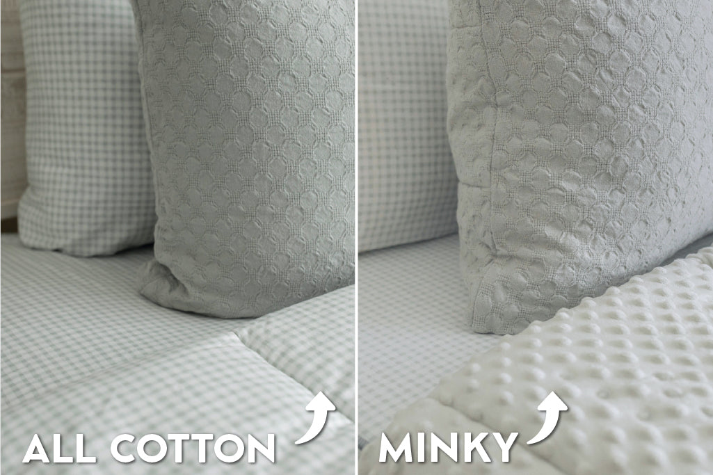 An infographic showing the options for cotton lining or minky lining in your zipper bedding set.